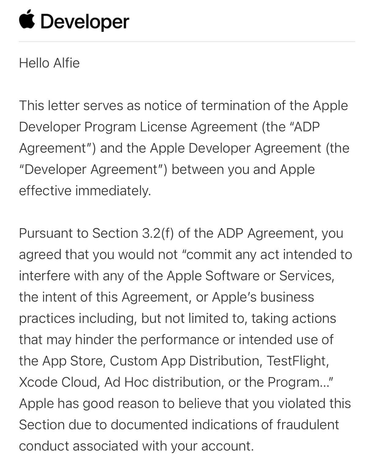 An email from Apple, notifying me of the account termination.
